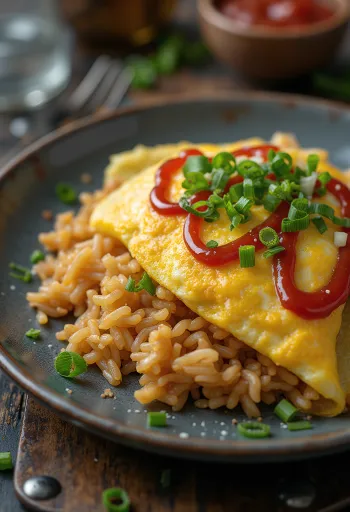Omletu įdaryti ryžiai patiekti su šviežiais svogūnų laiškais