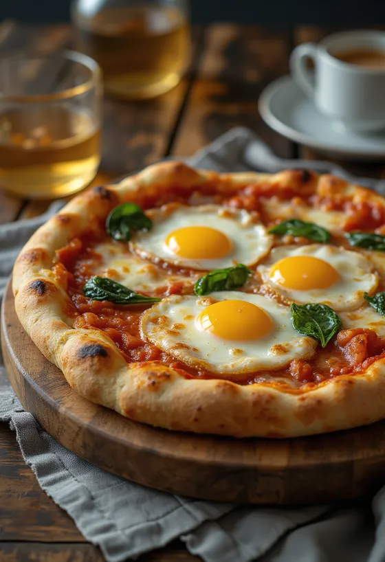 Pizza alla Bismark, patiekiama su šviežiu kiaušiniu ir špinatais
