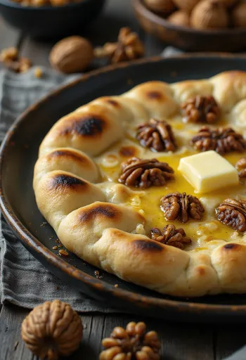 Naan duona su kepintais graikiniais riešutais lėkštėje