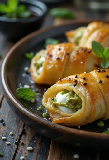Burek pyragas su vasabiais lėkštėje