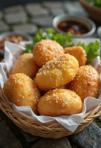 Bánh rán vietnamietiška sezaminė spurga su raudonųjų pupelių įdaru