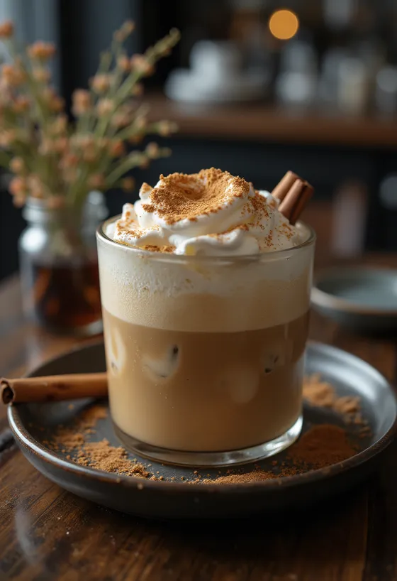 Frappe kava su cinamonu ir mėtomis, papuošta plakta grietinėle ir cinamono lazdele