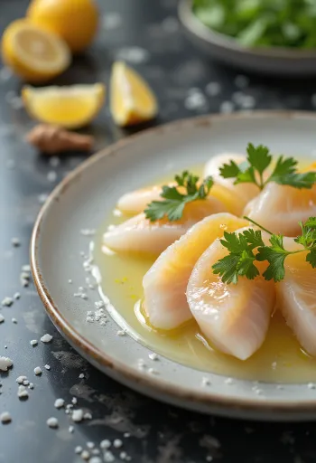 Tiradito su yuzu padažu, šviežios žuvies griežinėliai su čili, kalendra ir laimo papuošimu