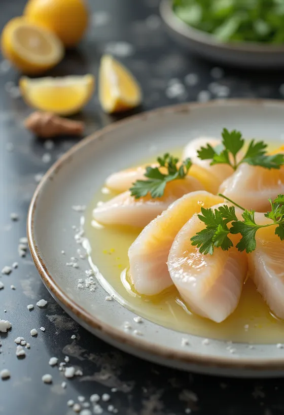 Tiradito su yuzu padažu, šviežios žuvies griežinėliai su čili, kalendra ir laimo papuošimu