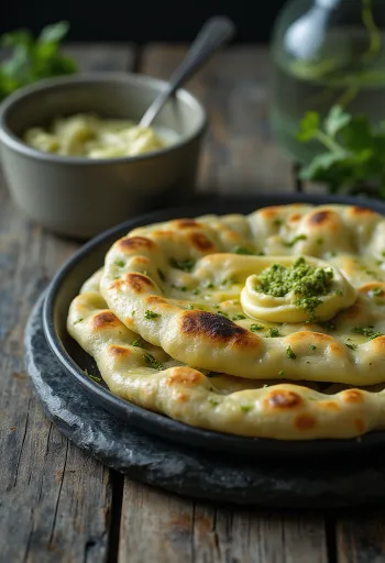 Šviežiai kepta naan duona su vasabiais