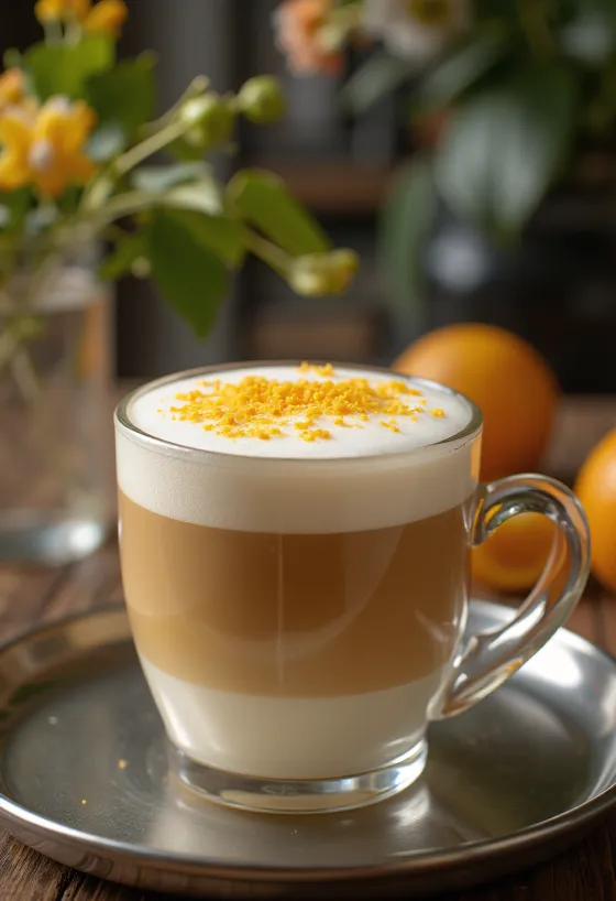 Latte kava su apelsinais ir vanile, papuošta plakta grietinėle ir apelsino griežinėliu