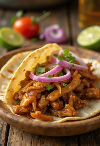 „Carnitas“ takai su lėtai virta kiauliena, kalendra ir raudonaisiais svogūnais