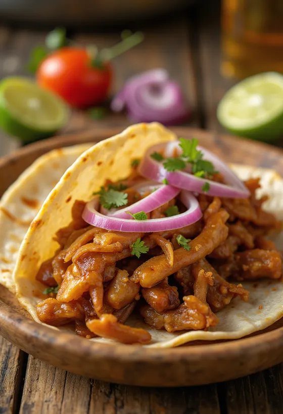 „Carnitas“ takai su lėtai virta kiauliena, kalendra ir raudonaisiais svogūnais