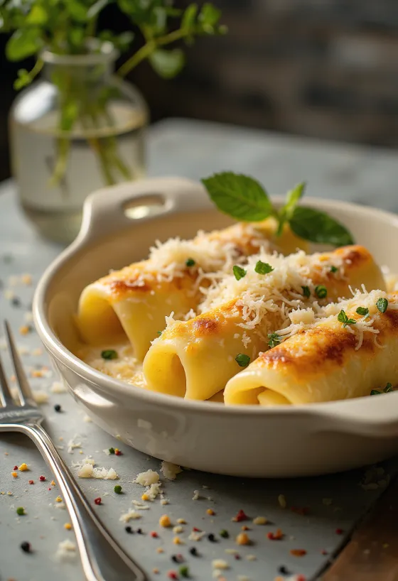 Bulvėmis ir parmezanu įdaryti kaneloniai su auksine plutele