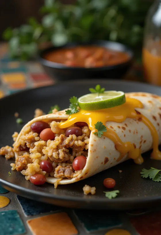 Kiaulienos buritas tortilijoje su ryžiais, pupelėmis ir sūriu