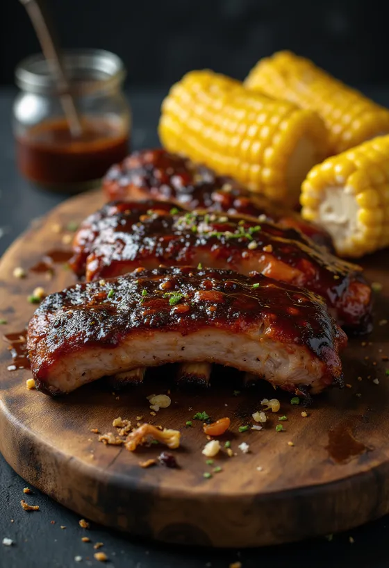 BBQ šonkauliukai, patiekti su kukurūzais