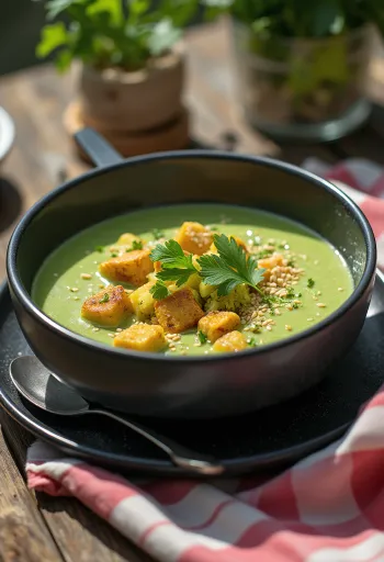 Brokolių kreminė sriuba su kario tofu