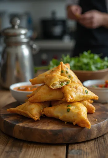Samosa su vištiena ir kariu patiekta lėkštėje