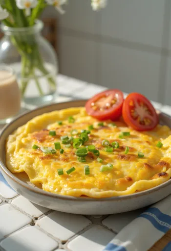 Tofu omletas, iškeptas iki auksinės spalvos, patiektas su šviežiais svogūnų laiškais.