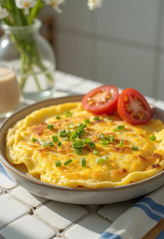 Tofu omletas, iškeptas iki auksinės spalvos, patiektas su šviežiais svogūnų laiškais.