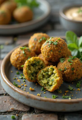Veganiški falafelio rutuliukai su šviežiomis salotomis ir tahini padažu