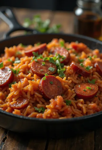 Raudoni ryžiai su chorizo griežinėliais keptuvėje