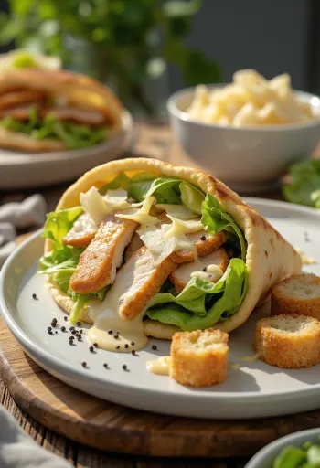 Pita su vištiena ir Cezario salotomis, skrebučiais ir padažu