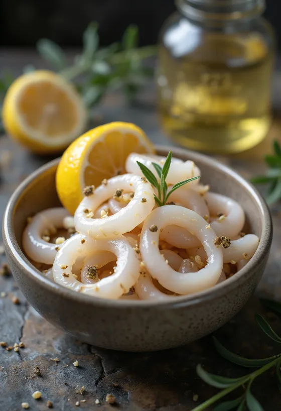 Marinuoti kalmarų žiedai stiklainyje