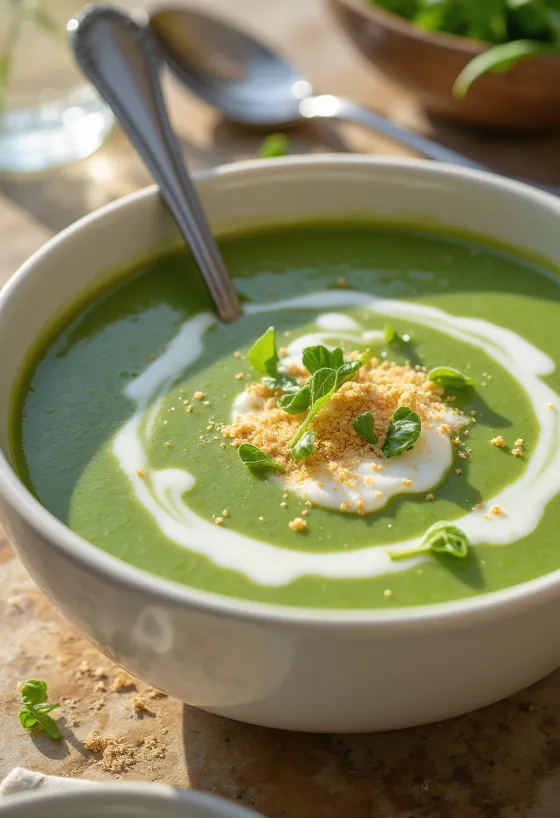 Kreminė špinatų sriuba dubenėlyje