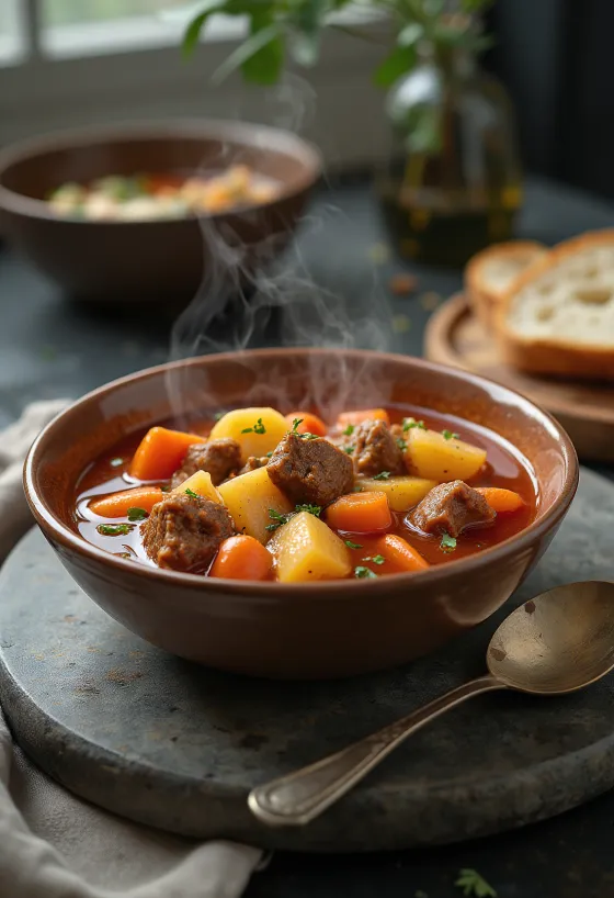 Tradicinė guliašo sriuba su gausiais mėsos gabalėliais ir daržovėmis, pagardinta raudona paprika.