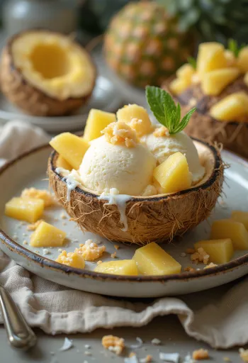 Patiekti Pina Colada ledai su kokosų drožlėmis ir ananasais
