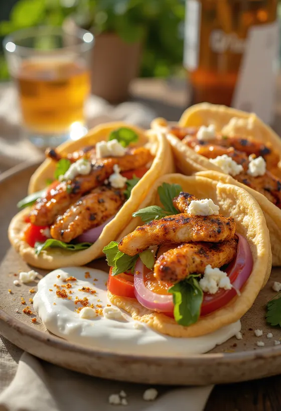 Aštrus gyros su kepta vištiena, šviežiomis daržovėmis ir pikantišku tzatziki padažu