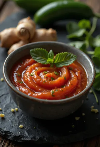 Patiektas jalapeño, imbierų ir pomidorų padažas
