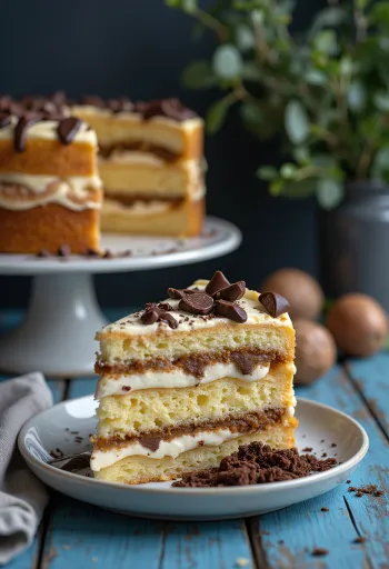 Biskvitinis kaštonų tortas, supjaustytas gabalėliais