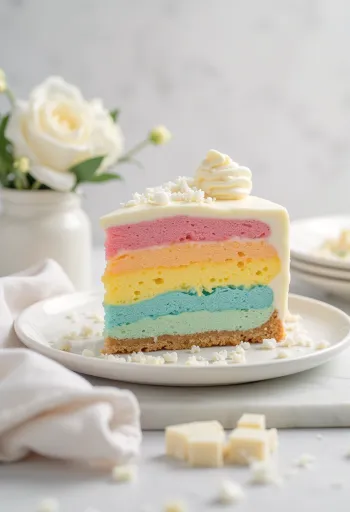 Vaivorykštinis putėsių tortas, patiektas riekelėmis