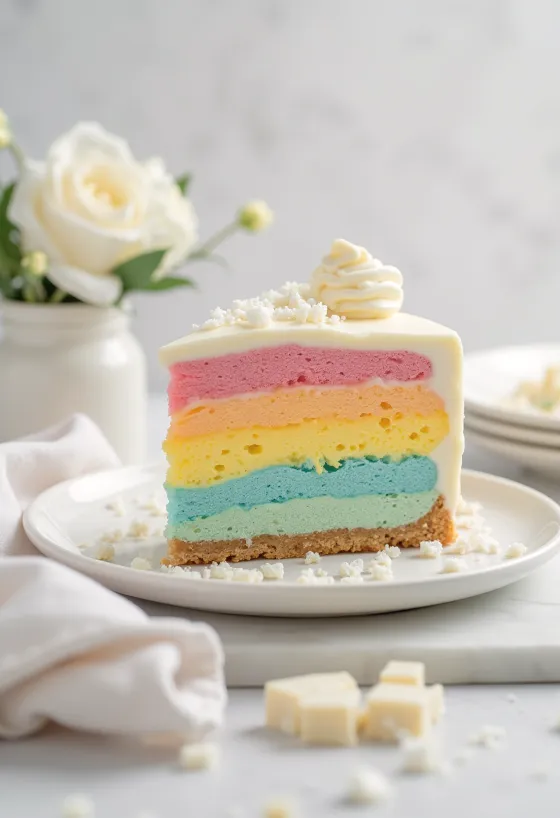Vaivorykštinis putėsių tortas, patiektas riekelėmis