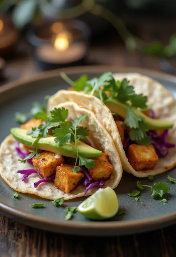 Tofu Taco su aštriu kepintu tofu, kalendra ir šviežiomis daržovėmis
