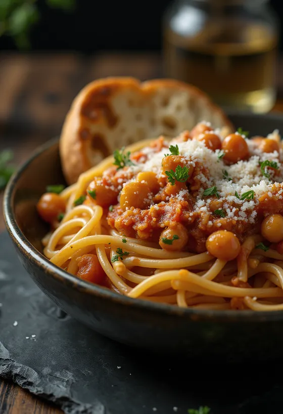 Veganiški Bolonijos makaronai, patiekti su šviežiais bazilikais