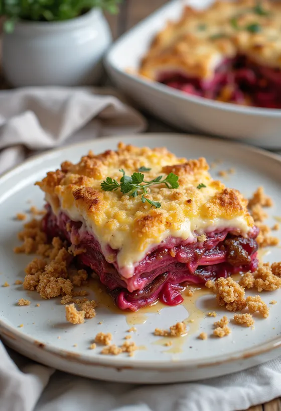 Veganiška baklažanų musaka su burokėliais