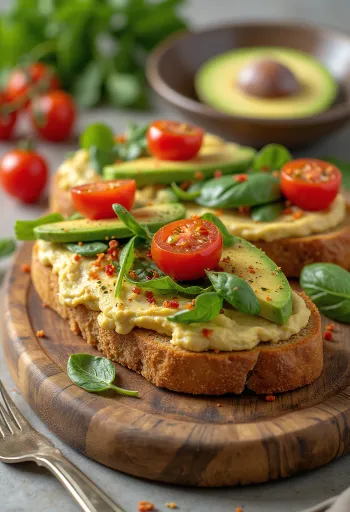 Veganiškas karštas sumuštinis su humusu, avokadu ir pomidorais.