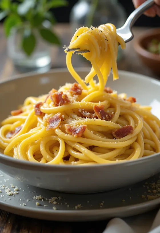 „Carbonara“ su šonine, patiekta