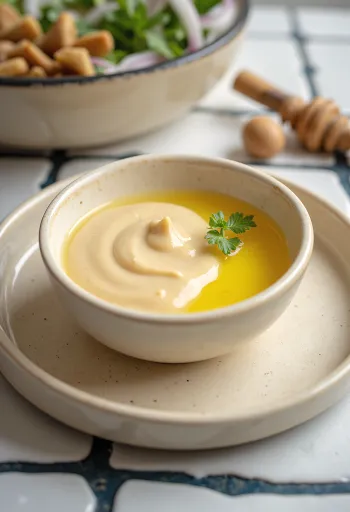 Medaus, imbiero ir tahini padažas patiektas