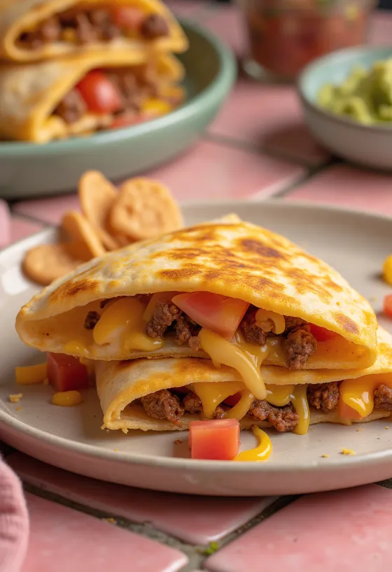 Taco kesadilija traškioje tortilijoje su jautiena ir sūriu