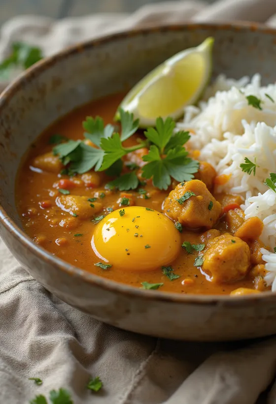 Veganiškas baklažanų karis su ryžiais, patiektas apibarsčius šviežia kalendra