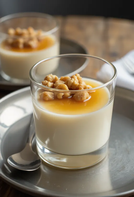 Patiekta Panna Cotta su medumi ir riešutais
