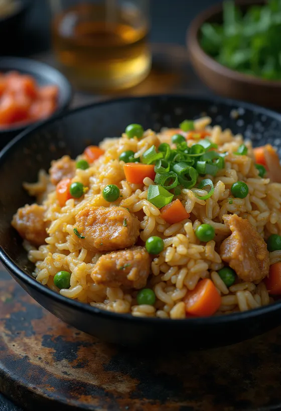 Kepti ryžiai su daržovėmis wok keptuvėje