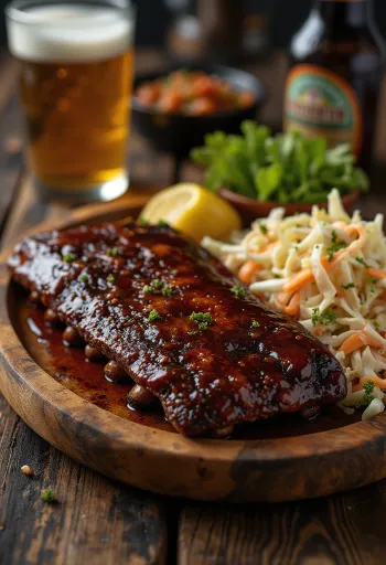 BBQ šonkauliukai su kopūstų salotomis lėkštėje