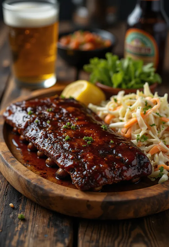 BBQ šonkauliukai su kopūstų salotomis lėkštėje
