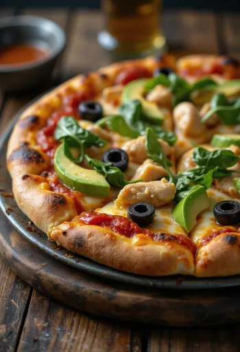 California Pizza su šviežiu avokadu, vištienos krūtinėle ir špinatais