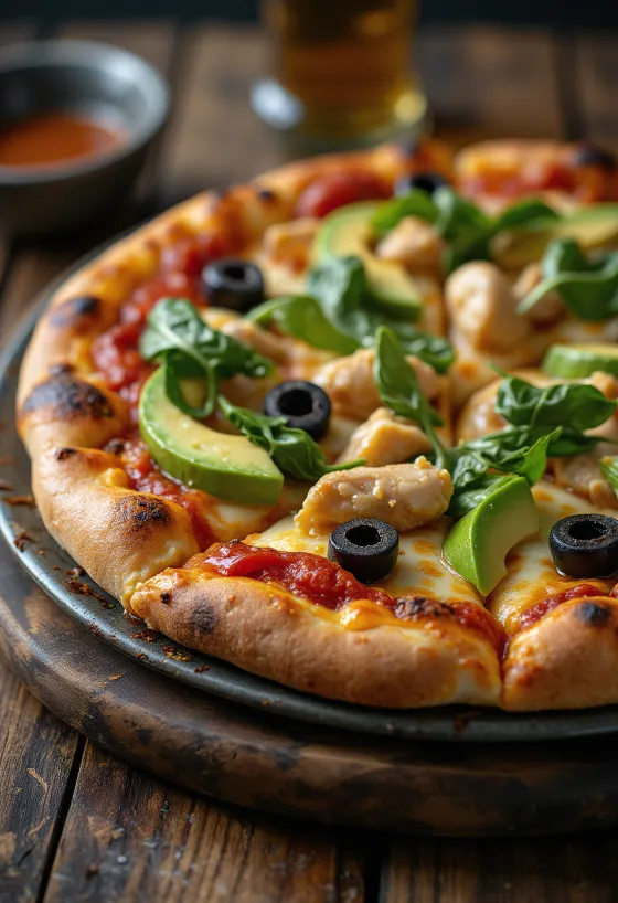 California Pizza su šviežiu avokadu, vištienos krūtinėle ir špinatais
