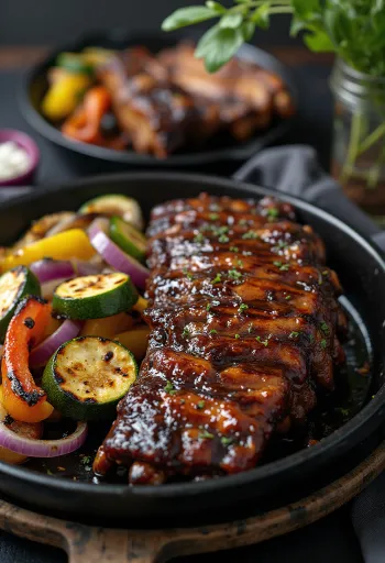 BBQ šonkauliai su ant grotelių keptomis daržovėmis lėkštėje