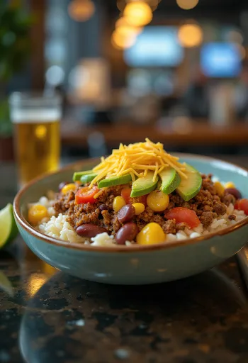 Burrito dubenėlis su jautiena, ryžiais, pupelėmis, kukurūzais ir sūriu