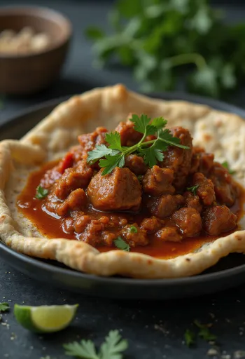 Berbere prieskonių etiopiškas avienos troškinys patiektas su injera duona