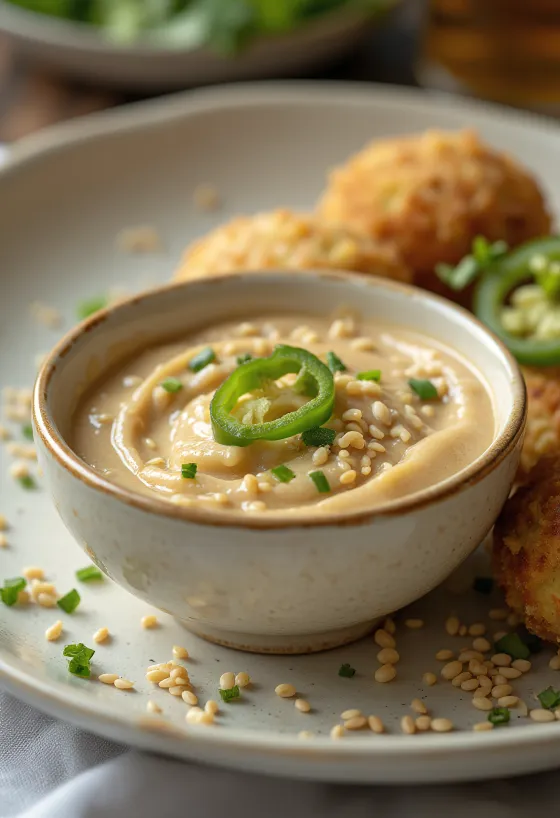 Patiektas jalapeño, sezamų ir tahini padažas