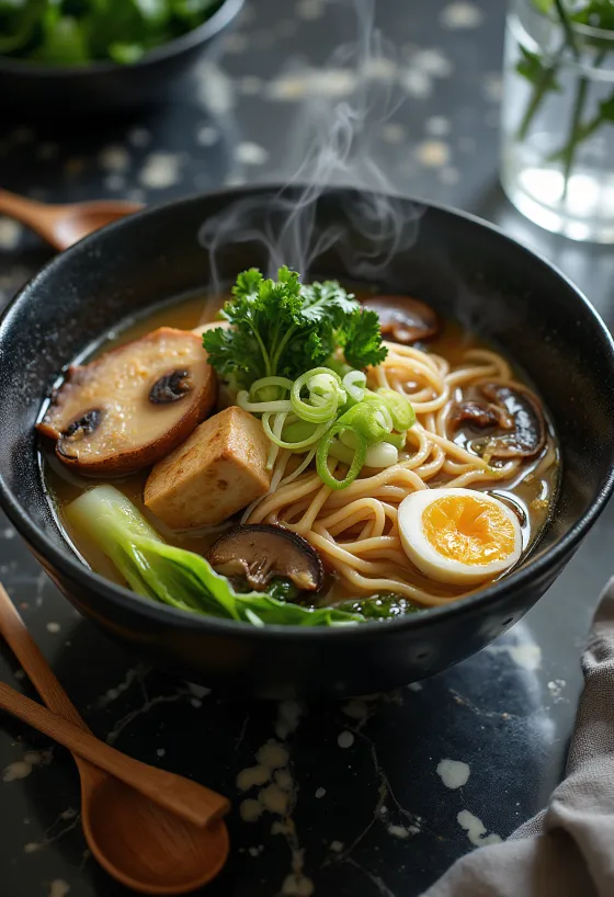 Veganiškas ramenas su tofu, shiitake grybais ir šviežiomis daržovėmis dubenėlyje